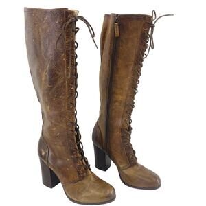FRYE Brown Leather Distressed Lace-Up Knee-High Heeled Boots Women’s Size 10 NWT